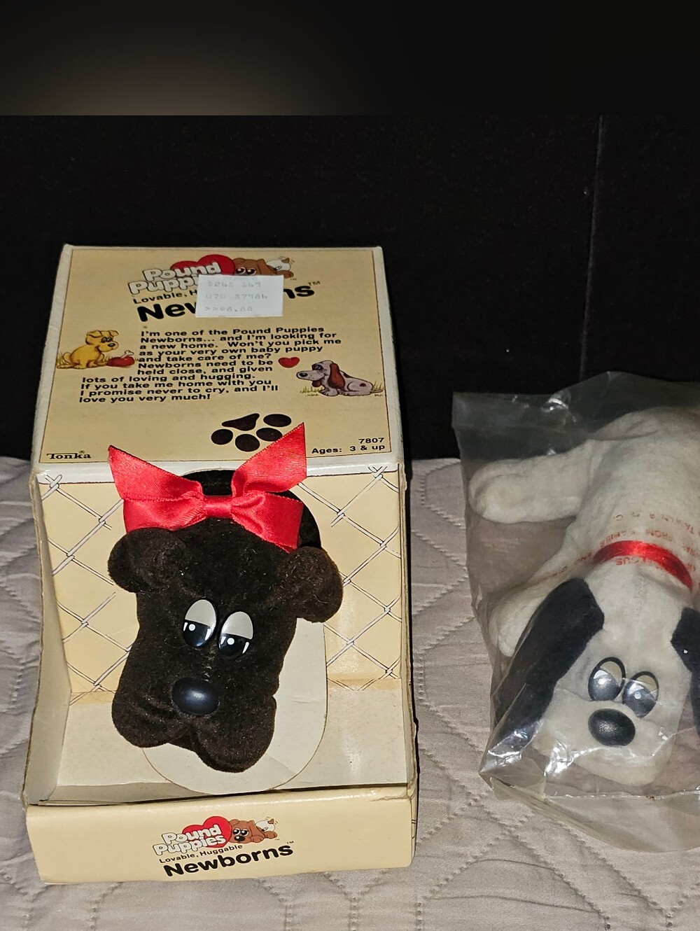1985/1986 Tonka Pound Puppies Newborns Plush Dog with Red Bow & Grey Plush Dog